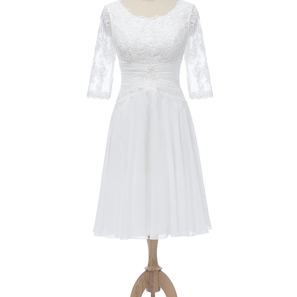 White Lace Tea Length A-line 3/4 Sleeve Wedding Dress NWT